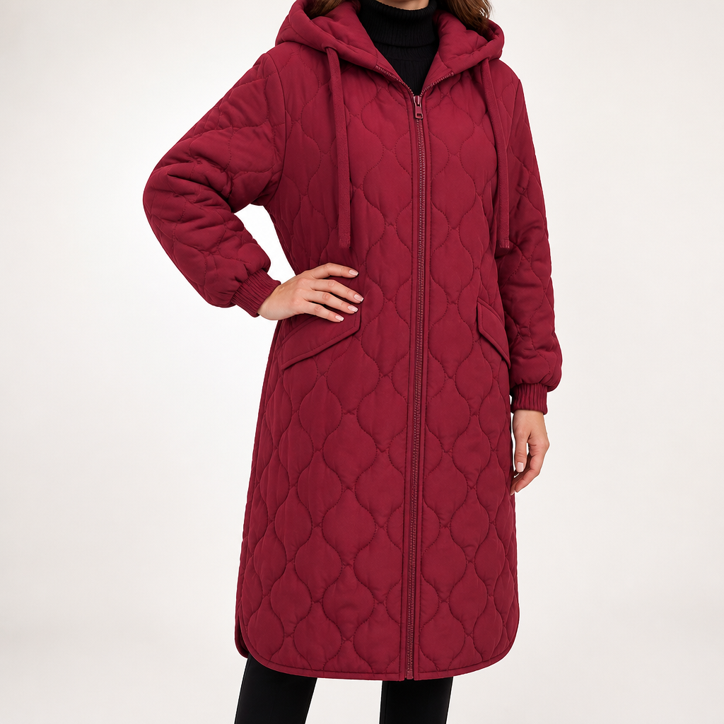 Thaddeus | Womens Puffer Jacket Hooded Down Padded Warm Winter Coat, Wine Red