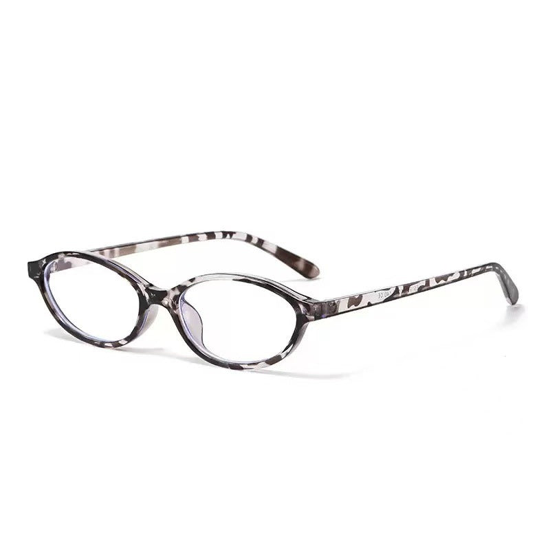 Thalia | Womens Small Oval Retro Sunglasses - White Leopard / Clear Lens