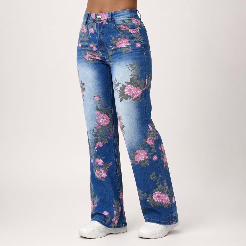 Thea | Womens Jeans Straight Leg High Waisted Printed Denim, Blue