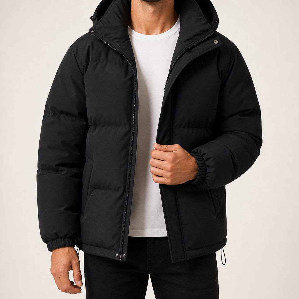 Theobald | Mens Puffer Hooded Winter Warm Loose Padded Jacket, Black