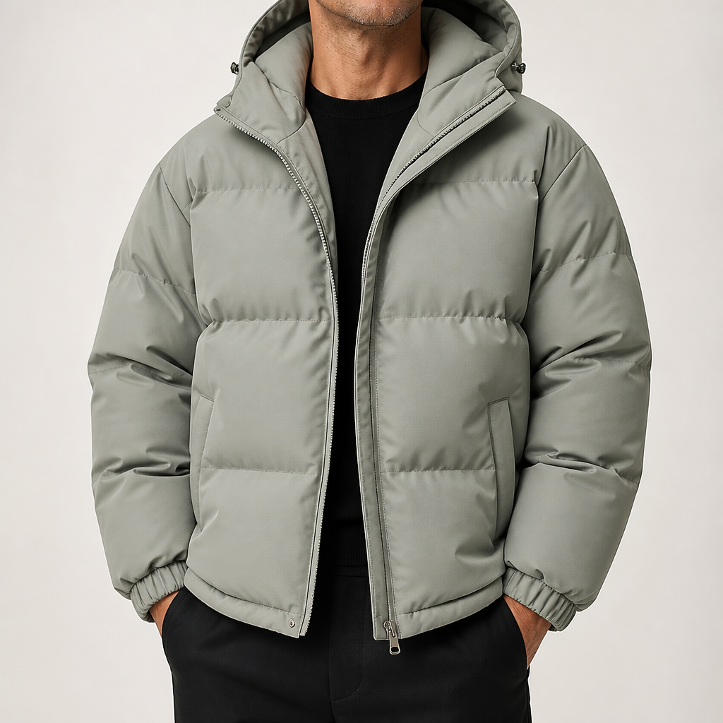 Theobald | Mens Puffer Hooded Winter Warm Loose Padded Jacket, Grey Green
