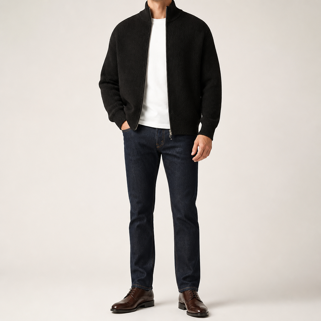 Tobias | Mens Cardigan Zip Knitted Stand Collar Casual Jacket, Black