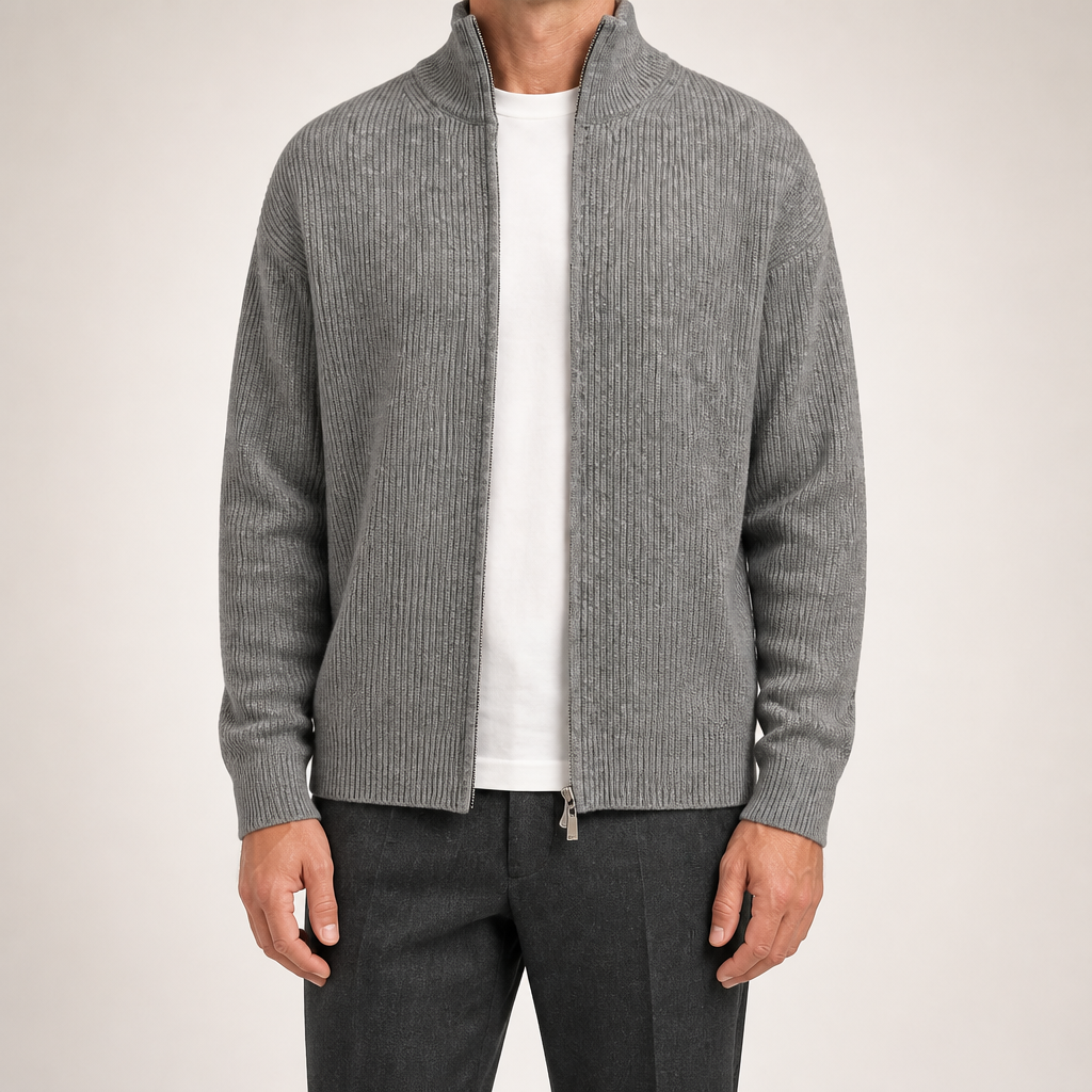 Tobias | Mens Cardigan Zip Knitted Stand Collar Casual Jacket, Grey