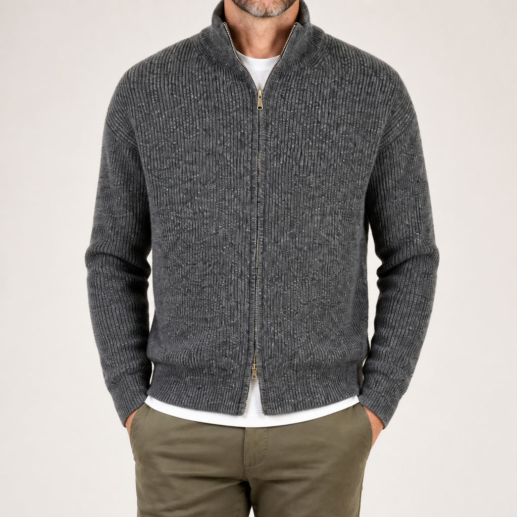 Tobias | Mens Cardigan Zip Knitted Stand Collar Casual Jacket, Heather Grey
