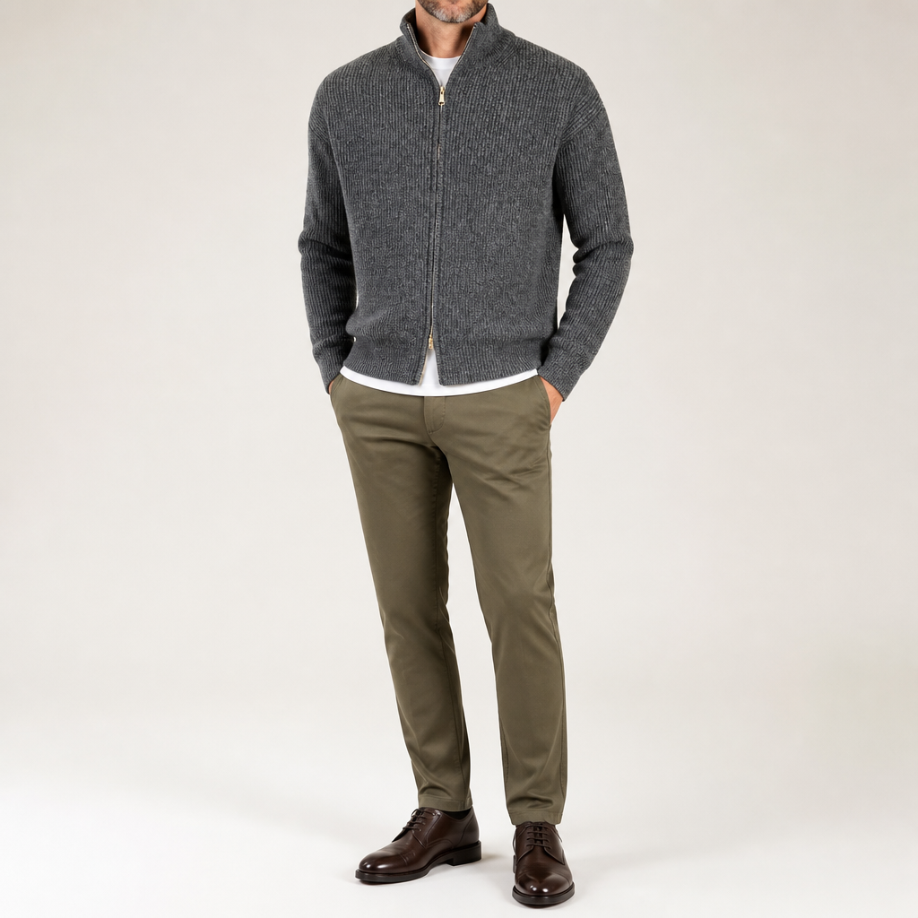 Tobias | Mens Cardigan Zip Knitted Stand Collar Casual Jacket, Heather Grey
