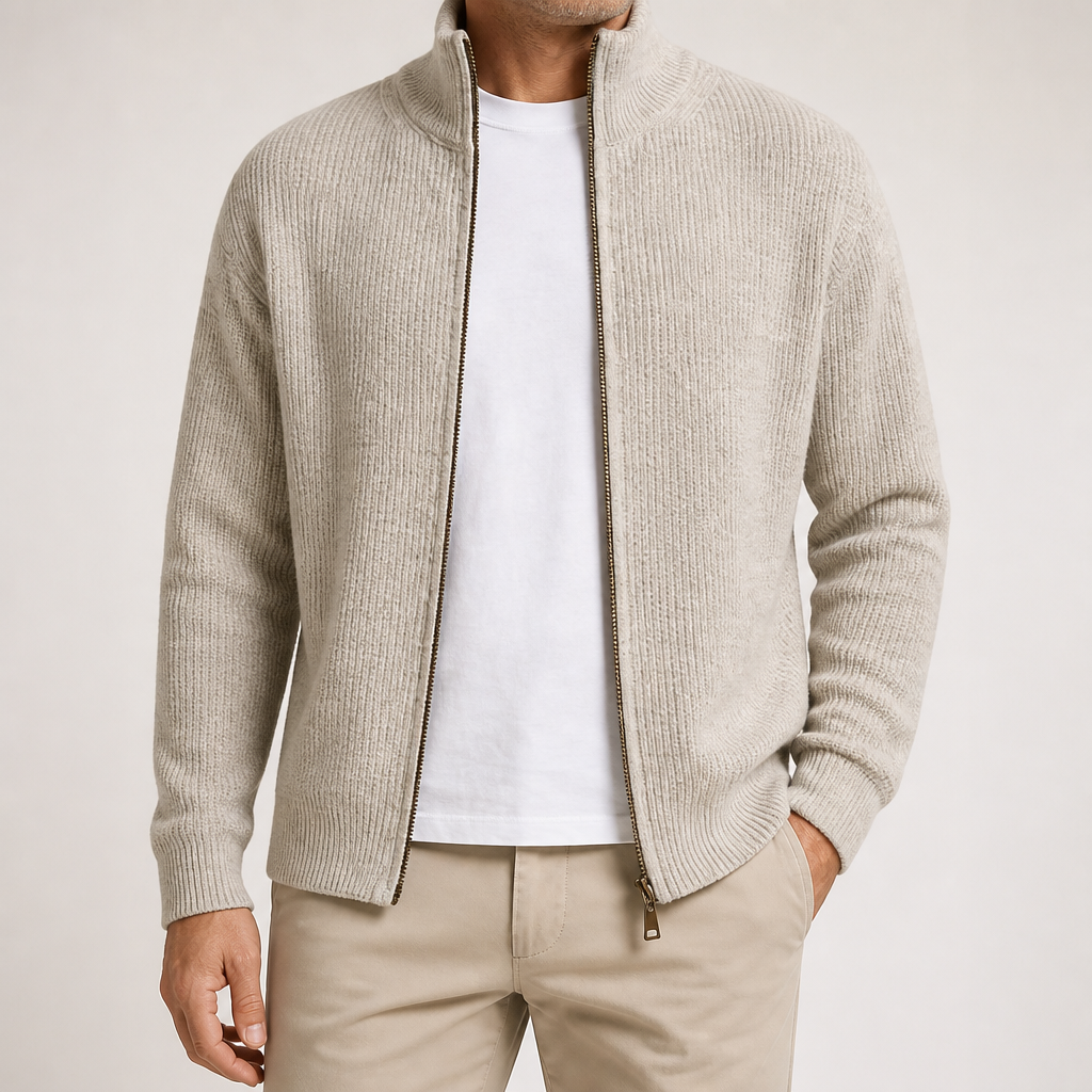 Tobias | Mens Cardigan Zip Knitted Stand Collar Casual Jacket, White