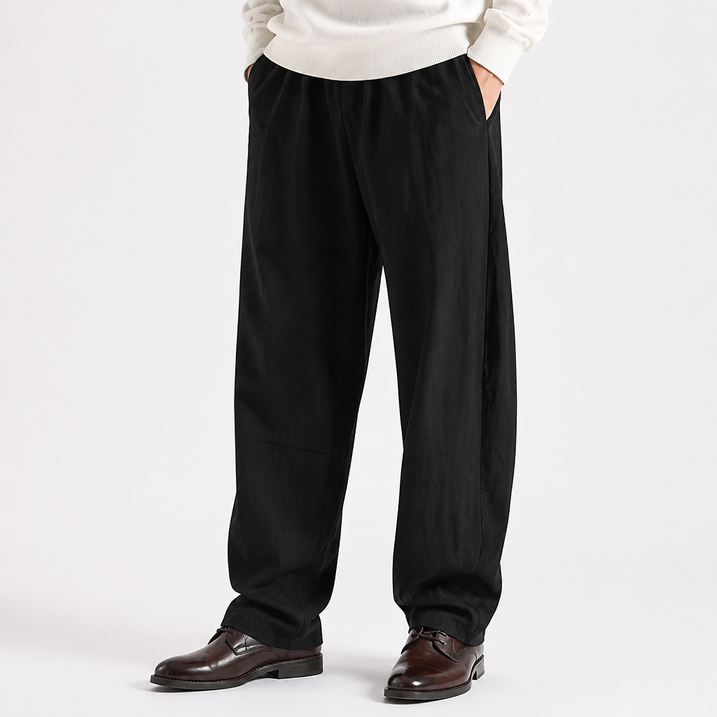 Torin | Mens Wide Leg Linen Loose Casual Cotton Trousers, Black