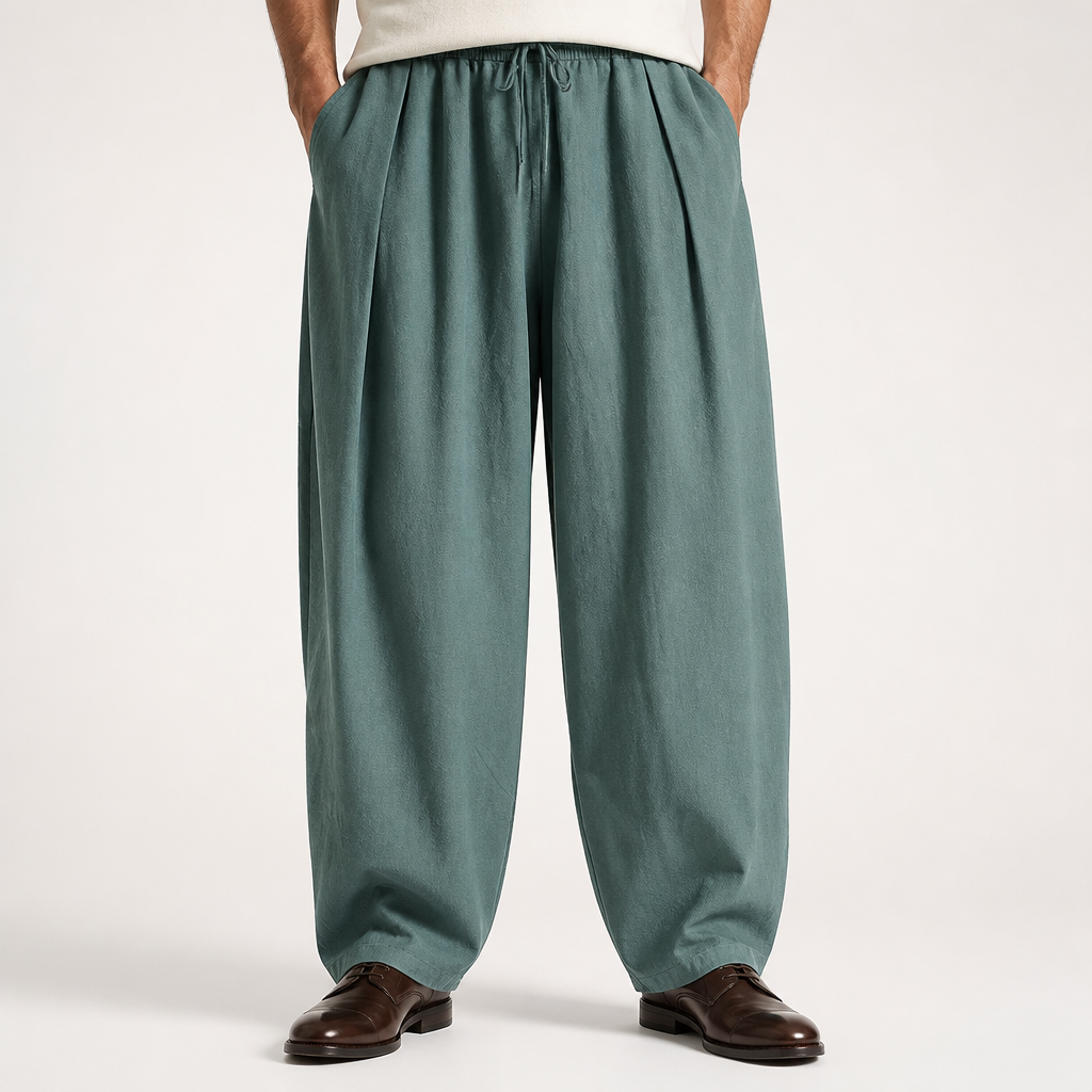 Torin | Mens Wide Leg Linen Loose Casual Cotton Trousers, Green