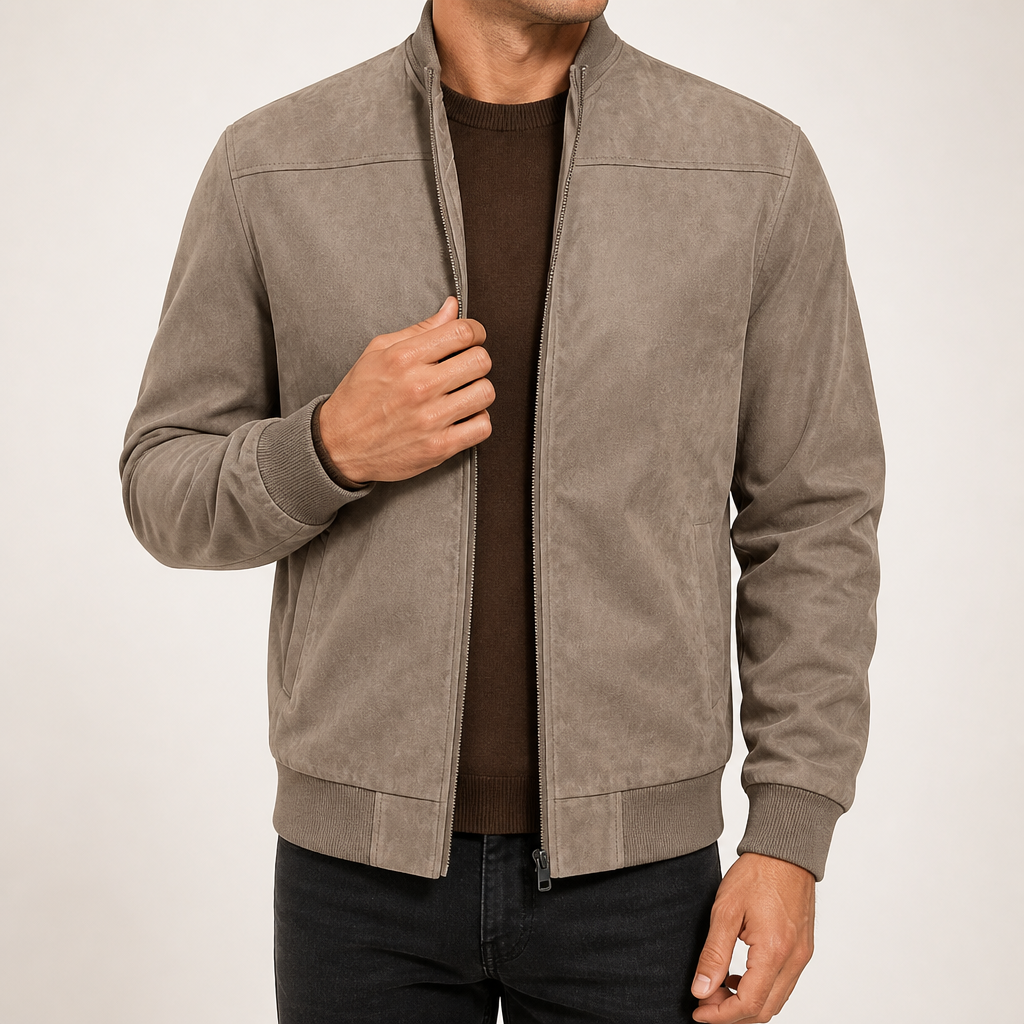 Tremaine | Mens Suede Stand Collar Zip Bomber Jacket Coat, Brown