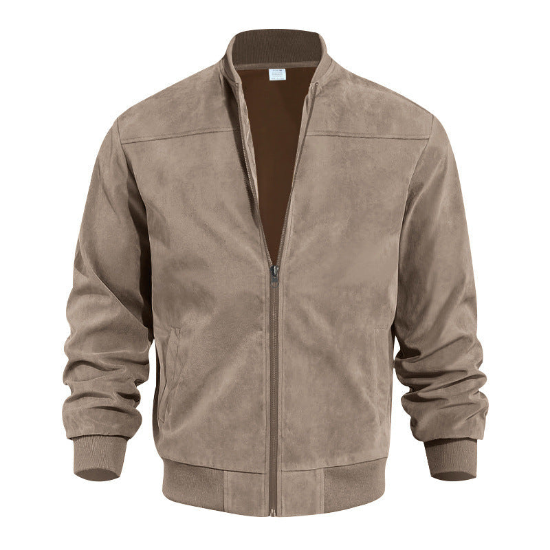 Tremaine | Mens Suede Stand Collar Zip Bomber Jacket Coat - Brown