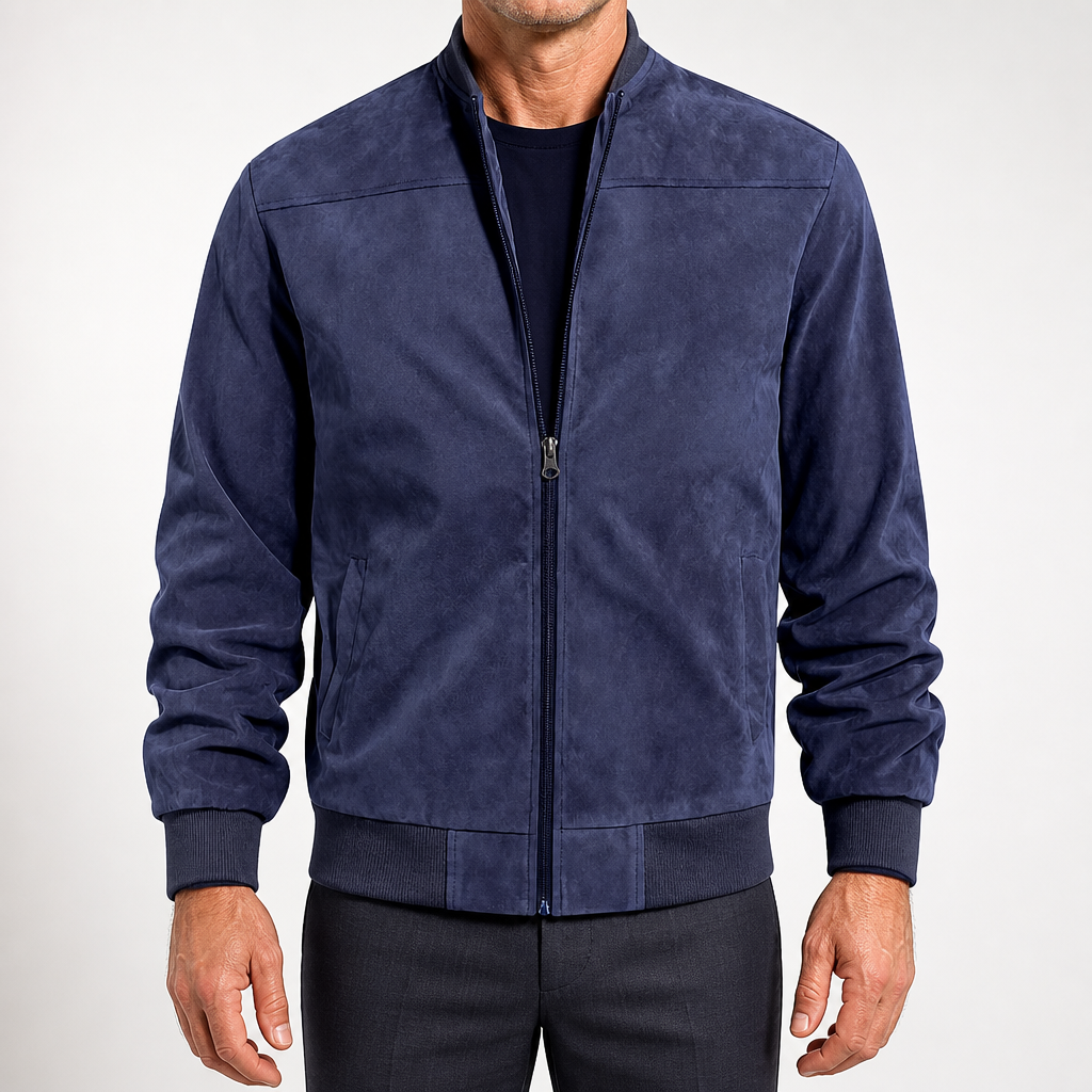 Tremaine | Mens Suede Stand Collar Zip Bomber Jacket Coat, Navy