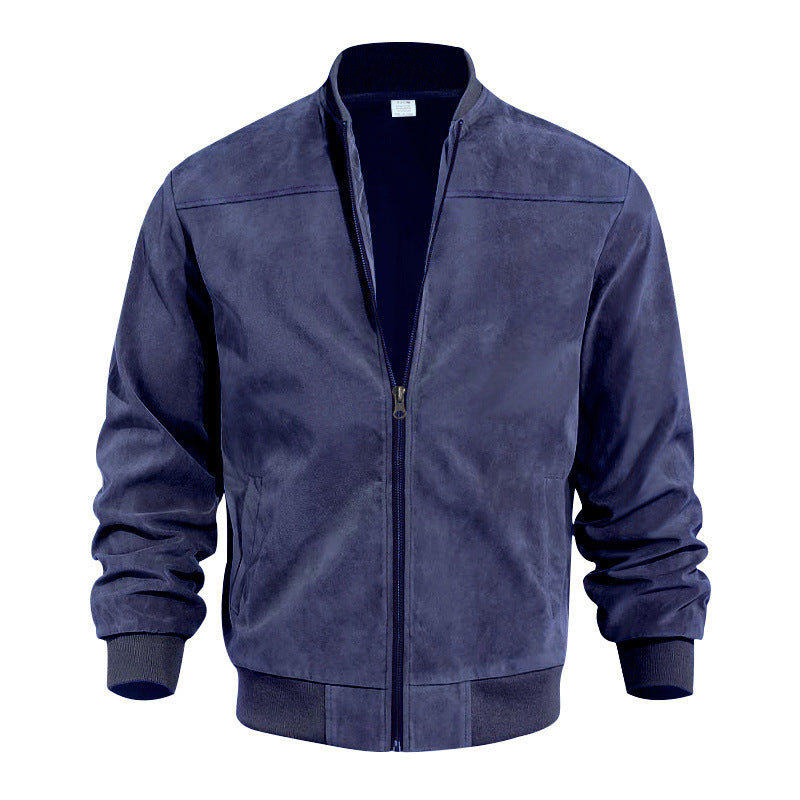 Tremaine | Mens Suede Stand Collar Zip Bomber Jacket Coat - Navy