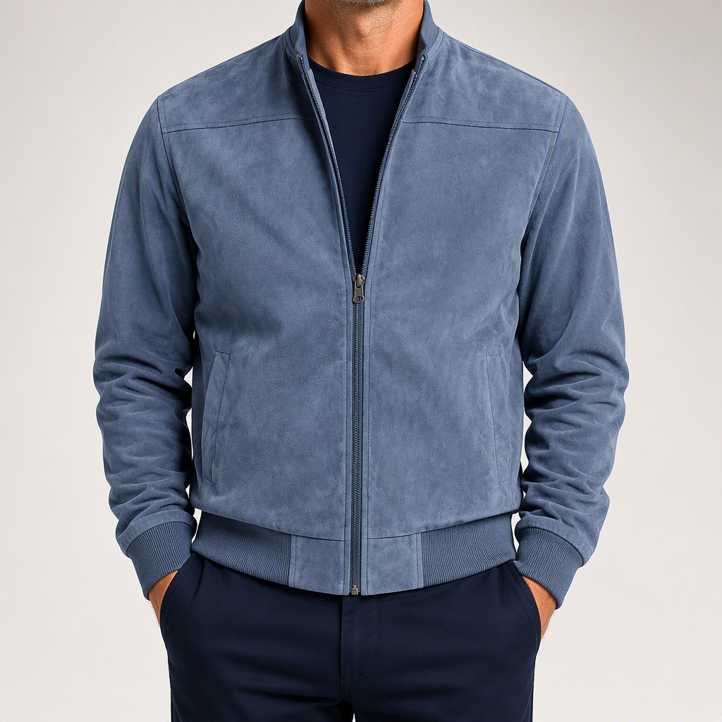 Tremaine | Mens Suede Stand Collar Zip Bomber Jacket Coat, Sea Blue