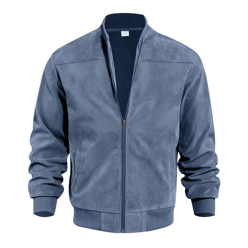 Tremaine | Mens Suede Stand Collar Zip Bomber Jacket Coat - Sea Blue