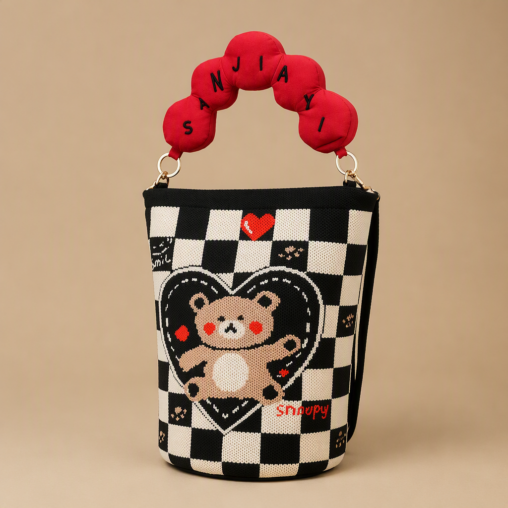 Ulf | Womens Bucket Bag Knitted Crossbody Shoulder Handbag, Bear