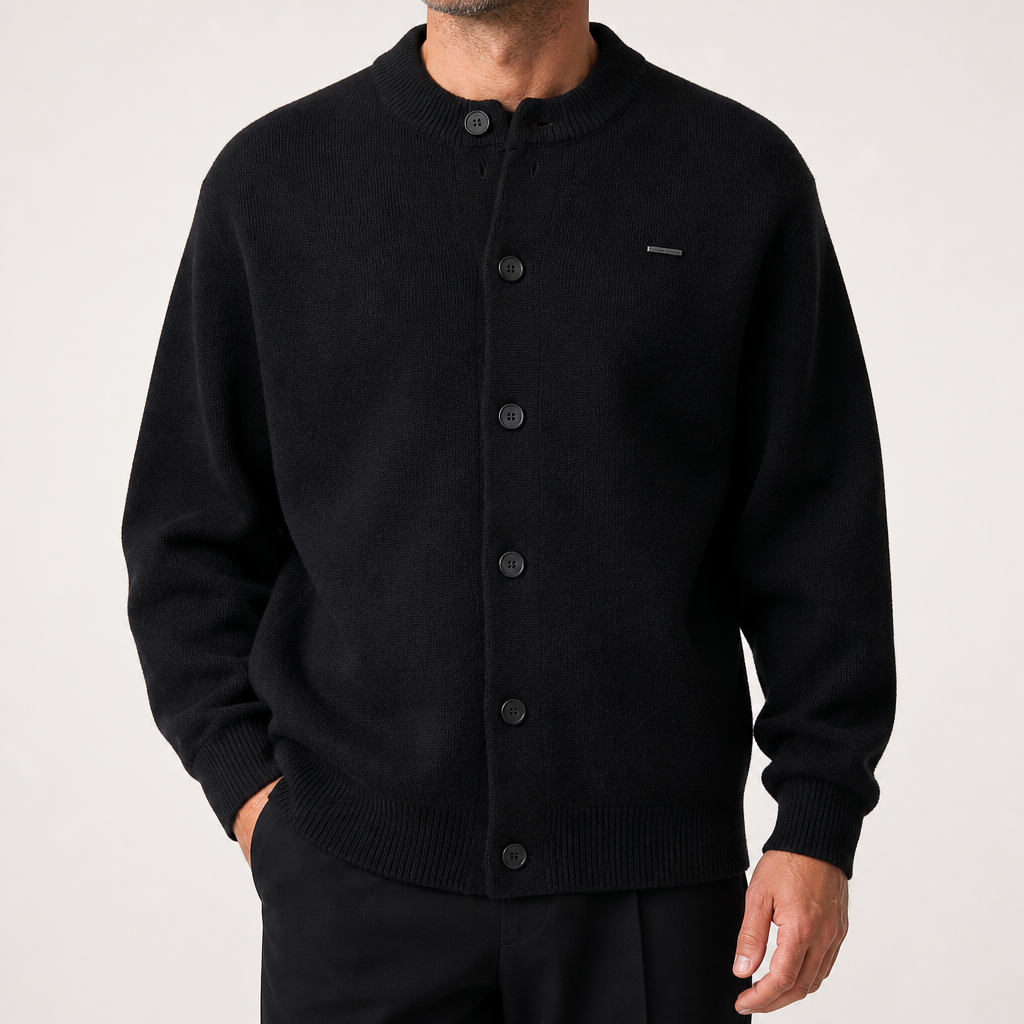 Ulric | Mens Bomber Casual Loose Solid Baseball Collar Jacket, Black