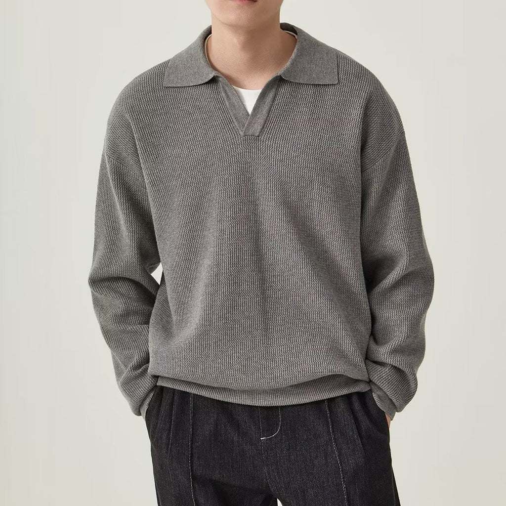 Ulric | Mens Knitted Long Sleeve Solid Colour Lapel Polo Polo Shirt - 1