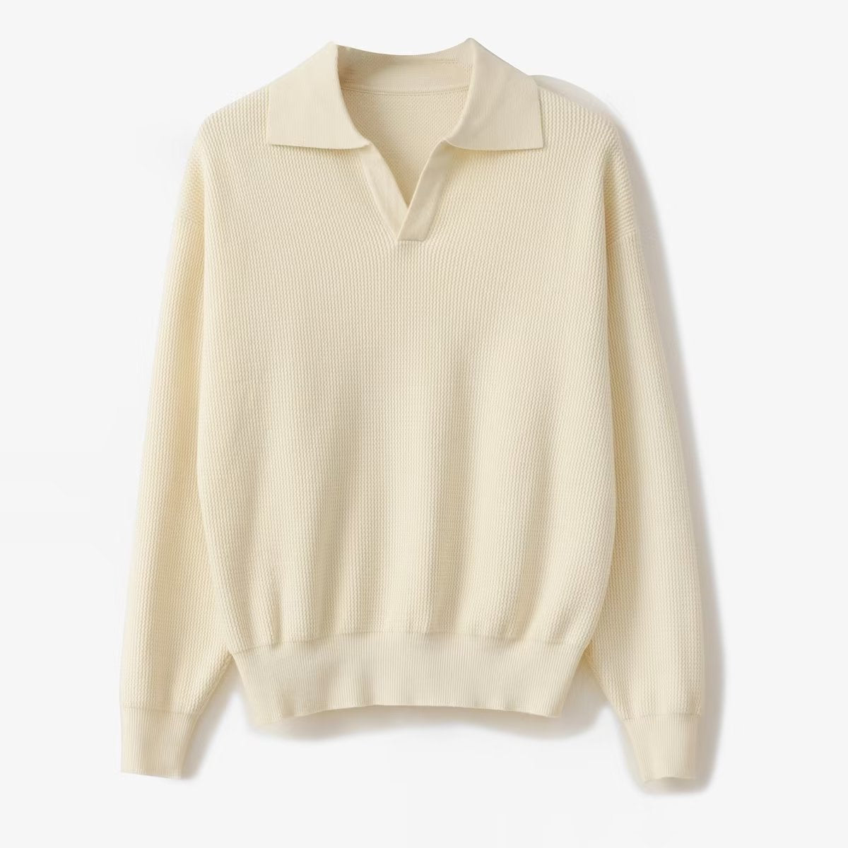 Ulric | Mens Knitted Long Sleeve Solid Colour Lapel Polo Polo Shirt - Apricot