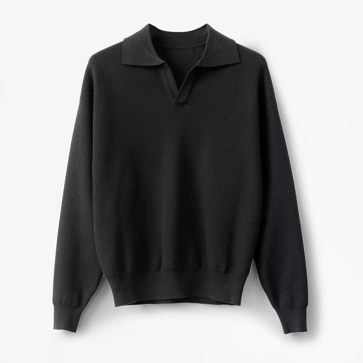 Ulric | Mens Knitted Long Sleeve Solid Colour Lapel Polo Polo Shirt - Black