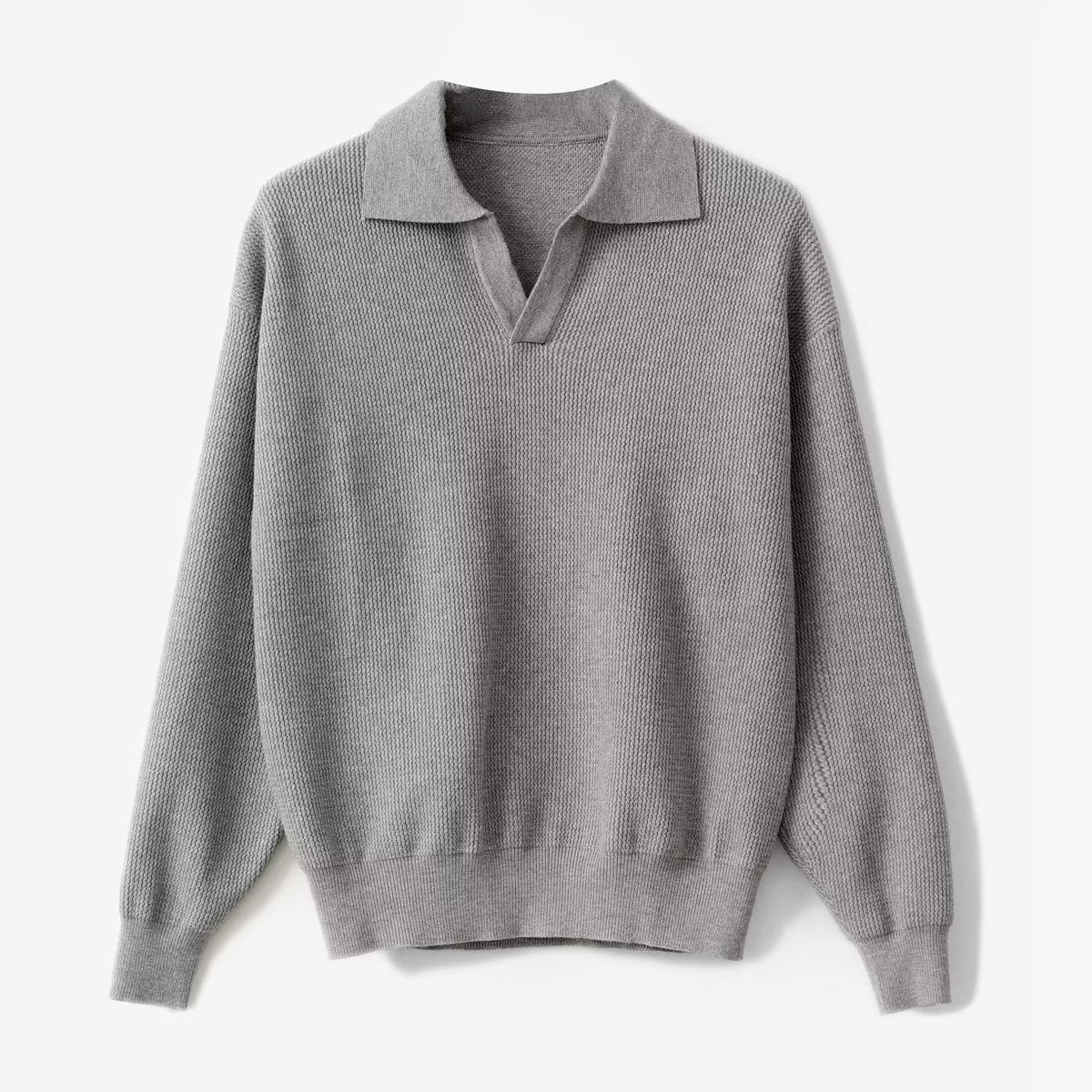 Ulric | Mens Knitted Long Sleeve Solid Colour Lapel Polo Polo Shirt - Grey