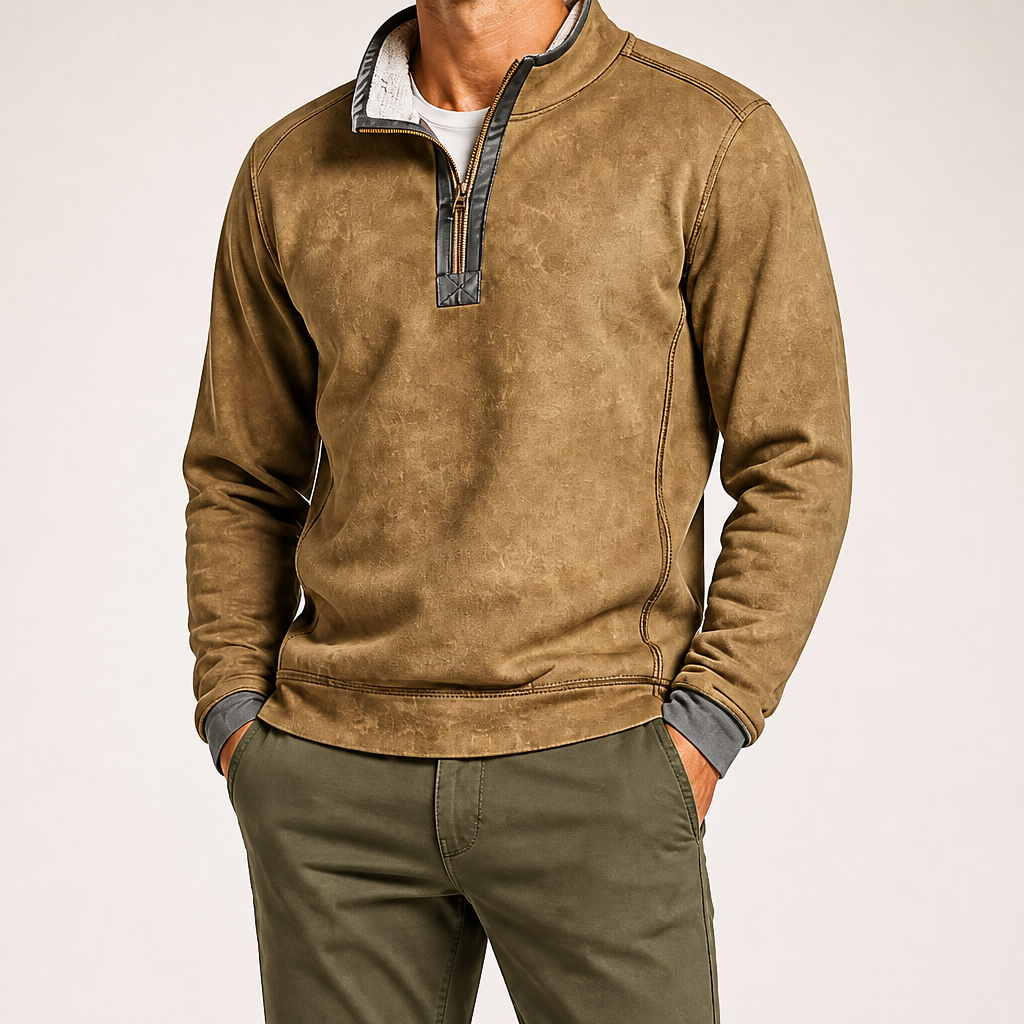 Ulric | Mens Sweatshirt Zip Up Stand Collar Fleece Lined Jumper, Khaki