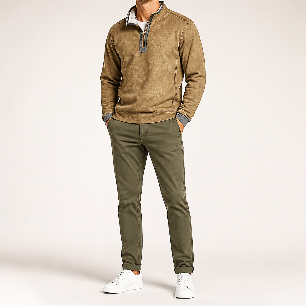 Ulric | Mens Sweatshirt Zip Up Stand Collar Fleece Lined Jumper, Khaki
