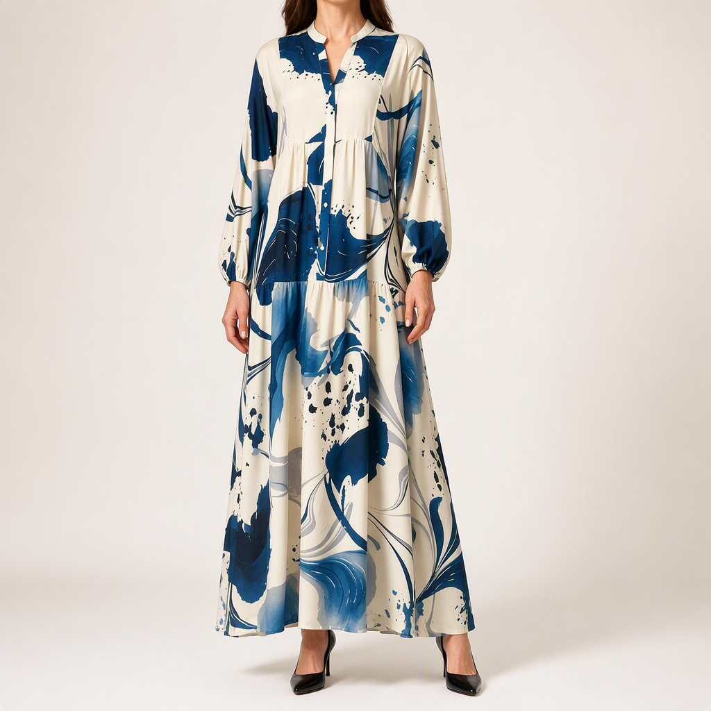 Ulric | Womens Dress Printed Long Sleeve V Neck Loose Maxi Dress, Blue