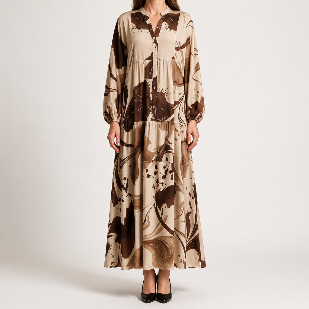 Ulric | Womens Dress Printed Long Sleeve V Neck Loose Maxi Dress, Brown
