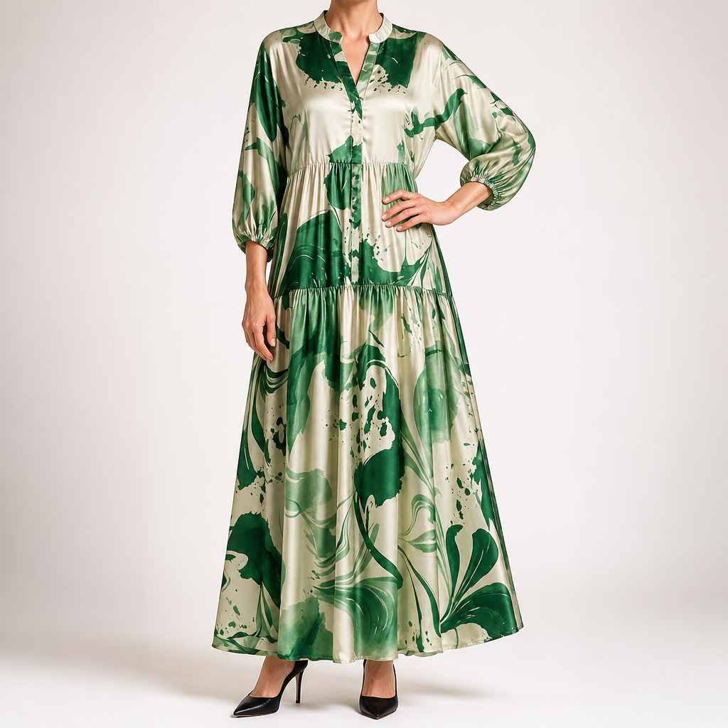Ulric | Womens Dress Printed Long Sleeve V Neck Loose Maxi Dress, Green