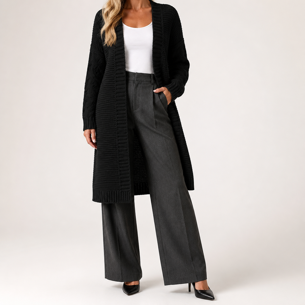 Ursula | Womens Knitted Longline V Neck Long Cardigan, Black