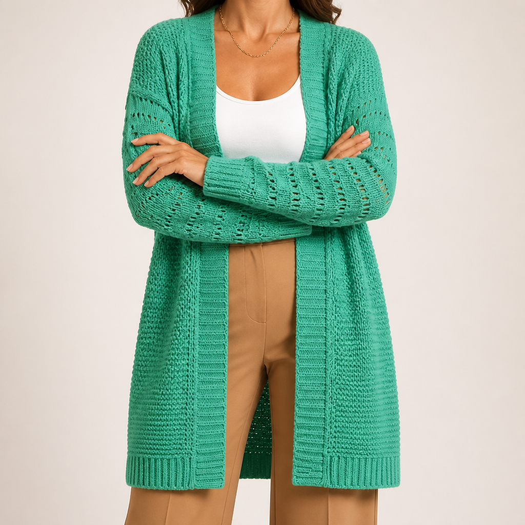 Ursula | Womens Knitted Longline V Neck Long Cardigan, Green