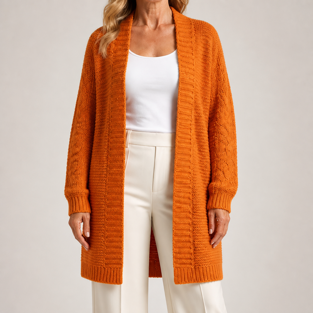 Ursula | Womens Knitted Longline V Neck Long Cardigan, Orange