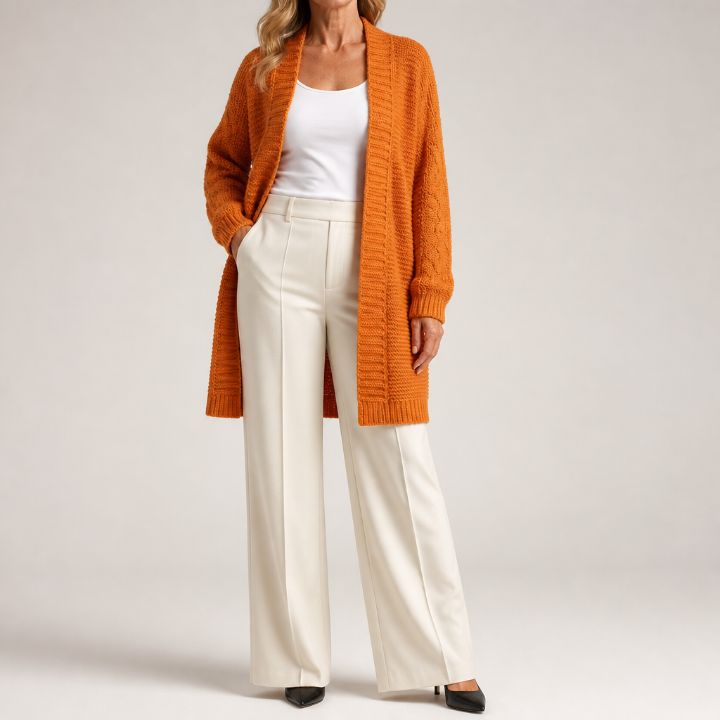 Ursula | Womens Knitted Longline V Neck Long Cardigan, Orange