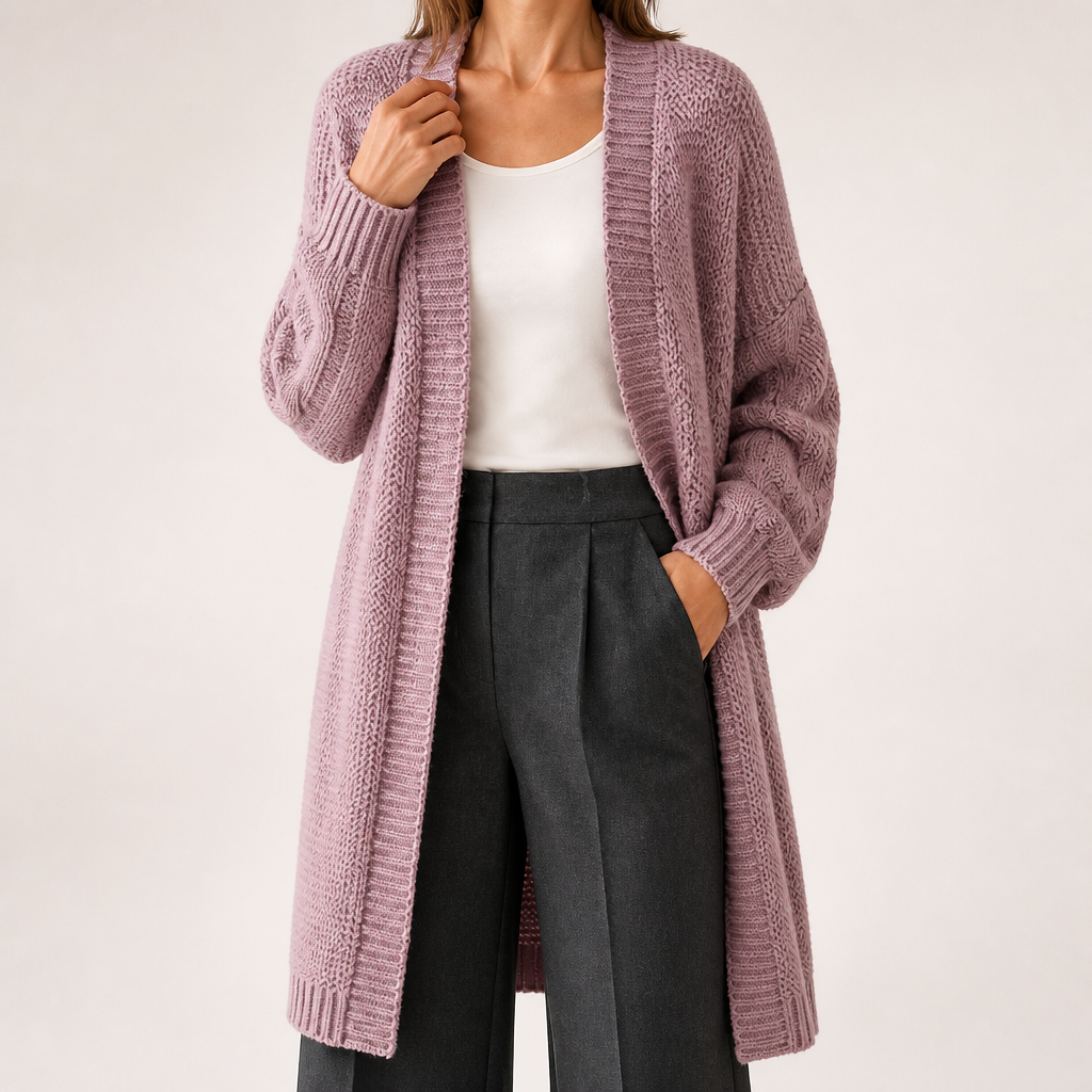 Ursula | Womens Knitted Longline V Neck Long Cardigan, Pink
