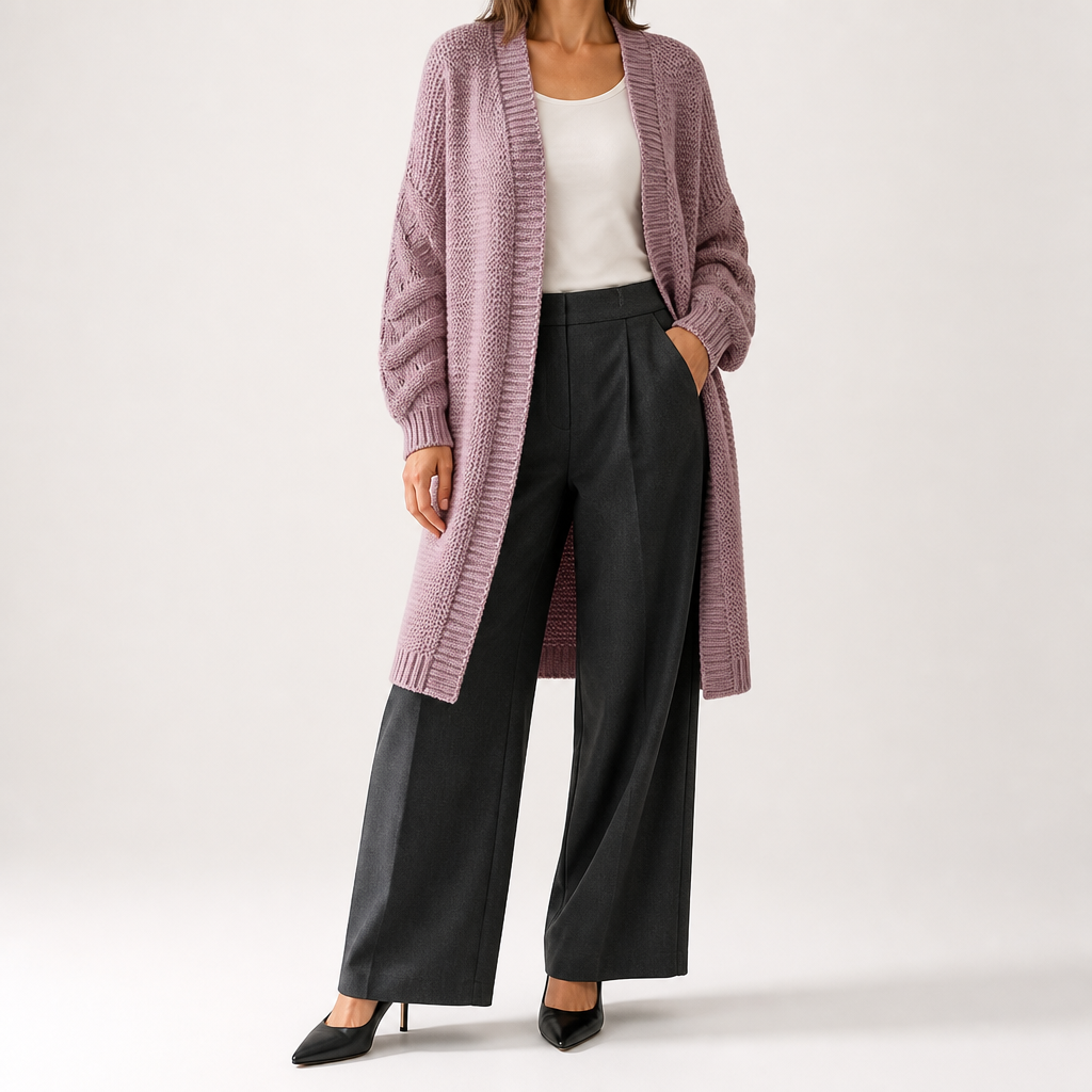 Ursula | Womens Knitted Longline V Neck Long Cardigan, Pink