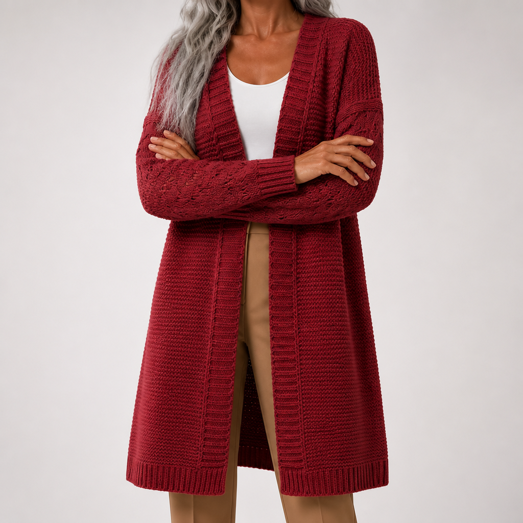 Ursula | Womens Knitted Longline V Neck Long Cardigan, Red