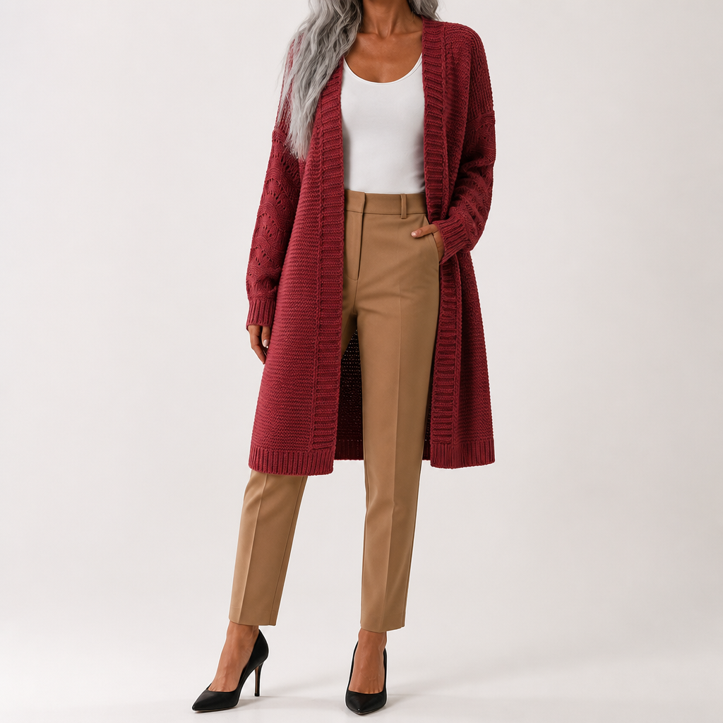 Ursula | Womens Knitted Longline V Neck Long Cardigan, Red