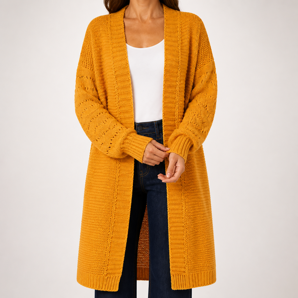 Ursula | Womens Knitted Longline V Neck Long Cardigan, Turmeric