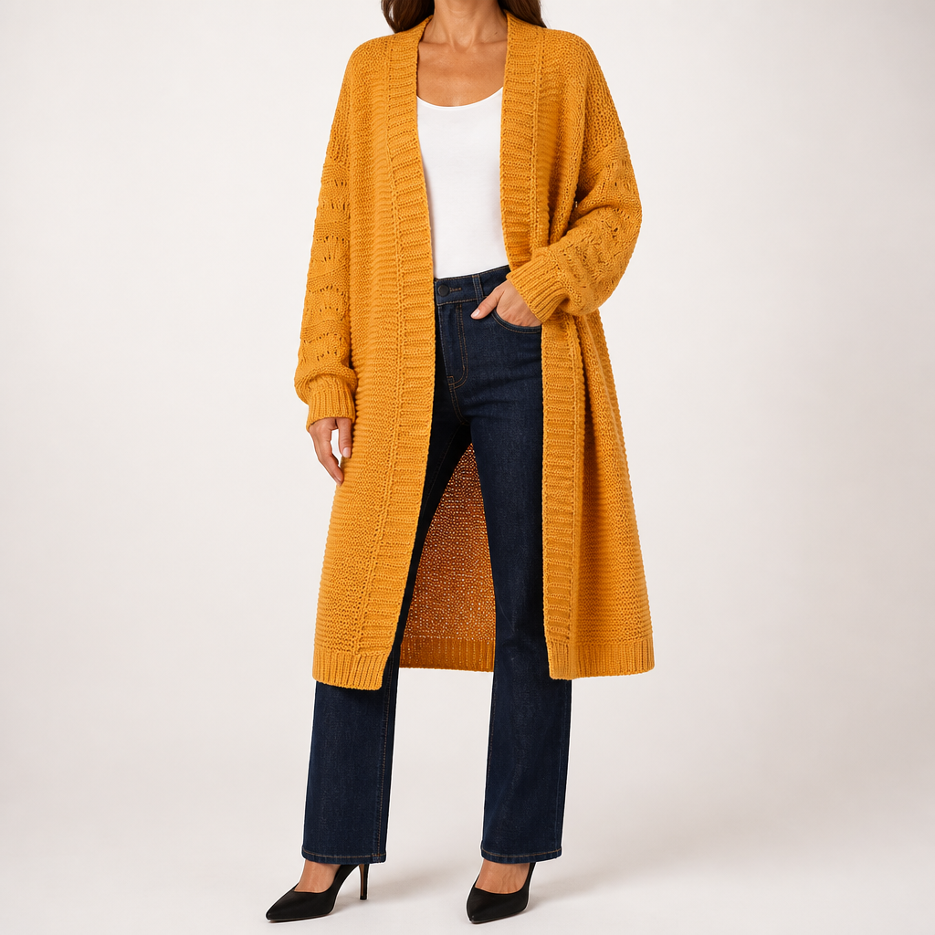 Ursula | Womens Knitted Longline V Neck Long Cardigan, Turmeric