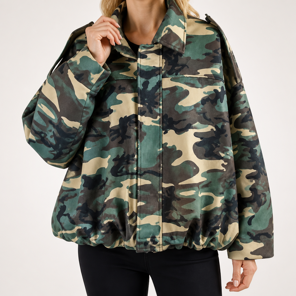 Vera | Womens Suede Aviator Bomber Zip Up Jacket, Camouflage