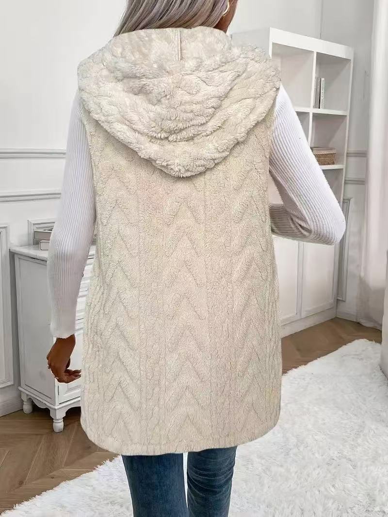 Verity | Womens Sherpa Hooded Long Fleece Vest, Milky White