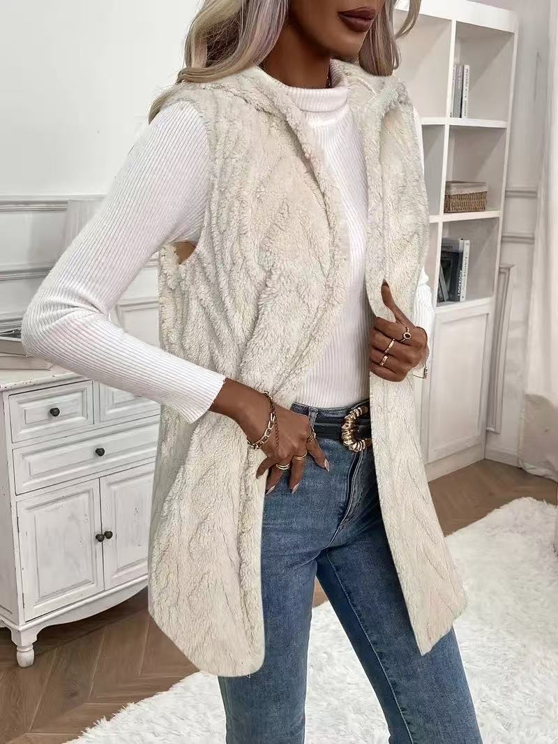 Verity | Womens Sherpa Hooded Long Fleece Vest, Milky White