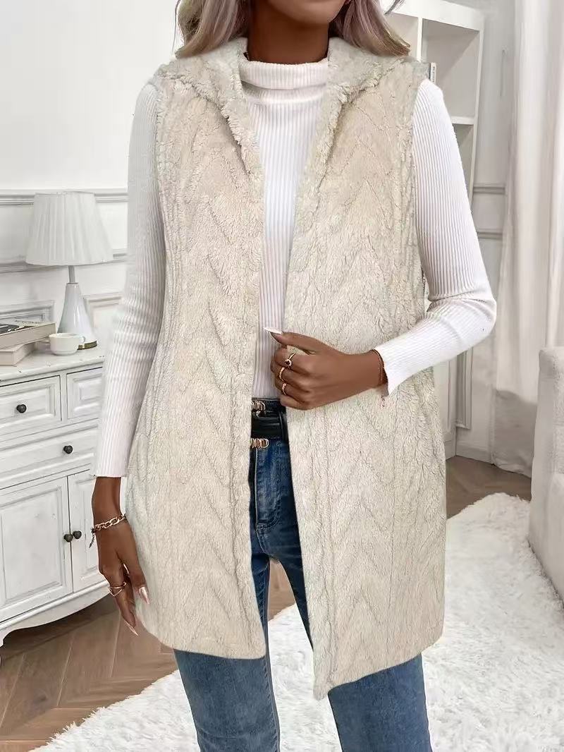 Verity | Womens Sherpa Hooded Long Fleece Vest, Milky White