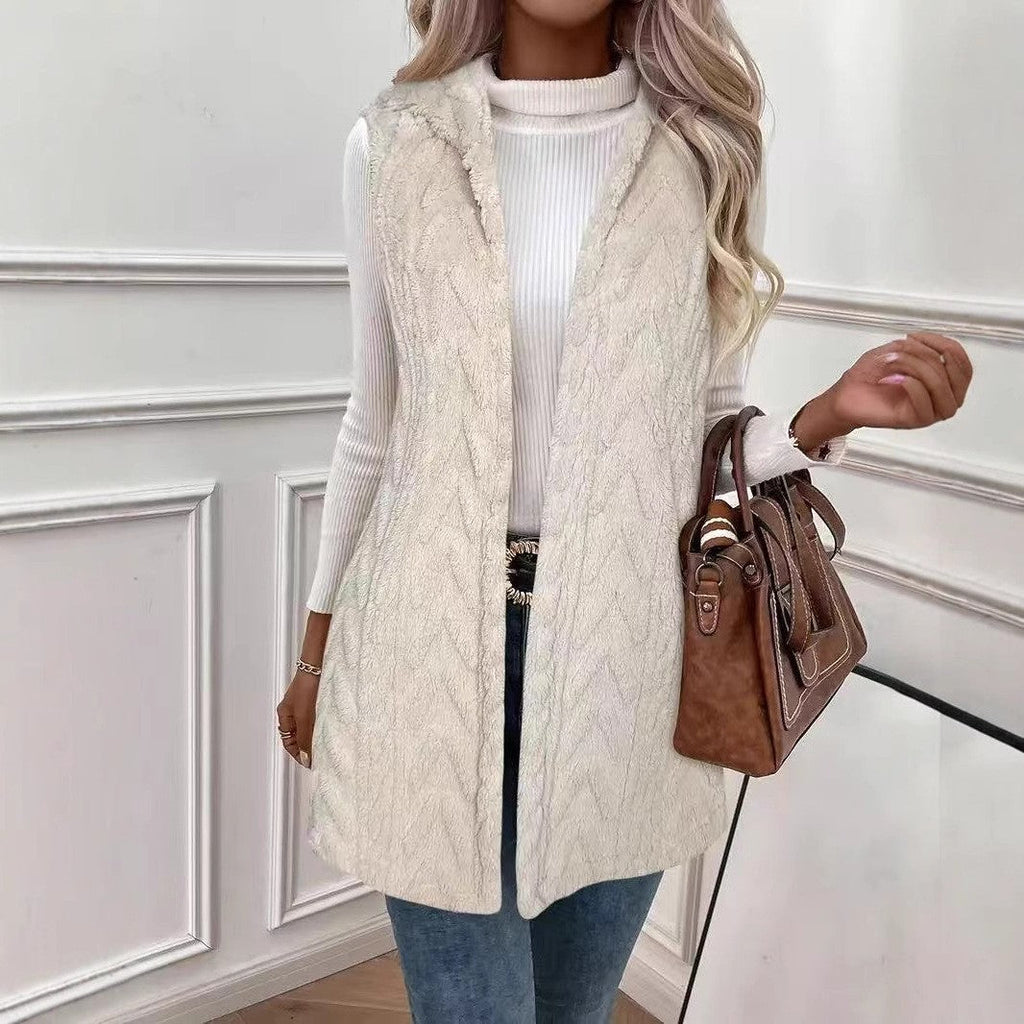 Verity | Womens Sherpa Hooded Long Fleece Vest, Milky White