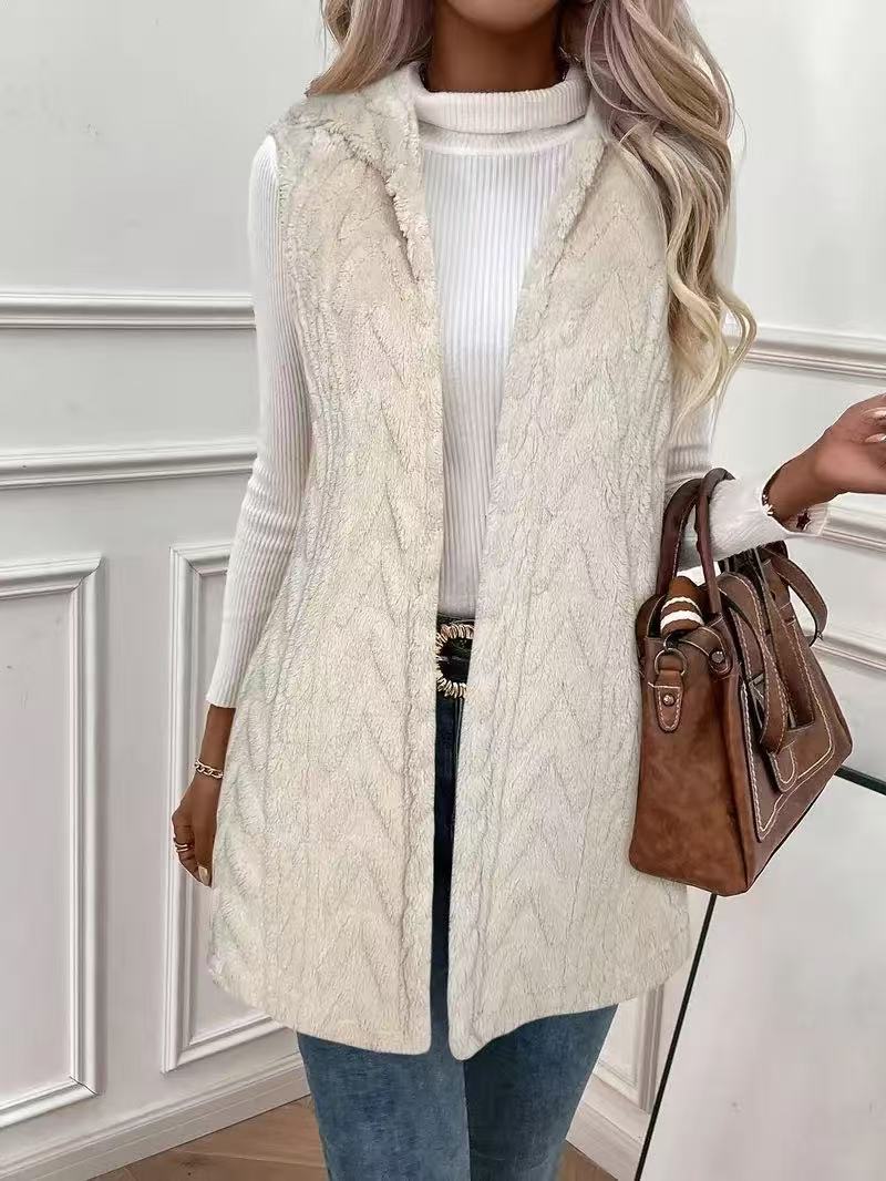 Verity | Womens Sherpa Hooded Long Fleece Vest, Milky White