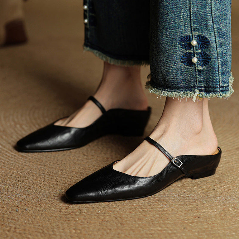 Vianne | Womens Genuine Leather Toe Post Flat Black Sandals - 3