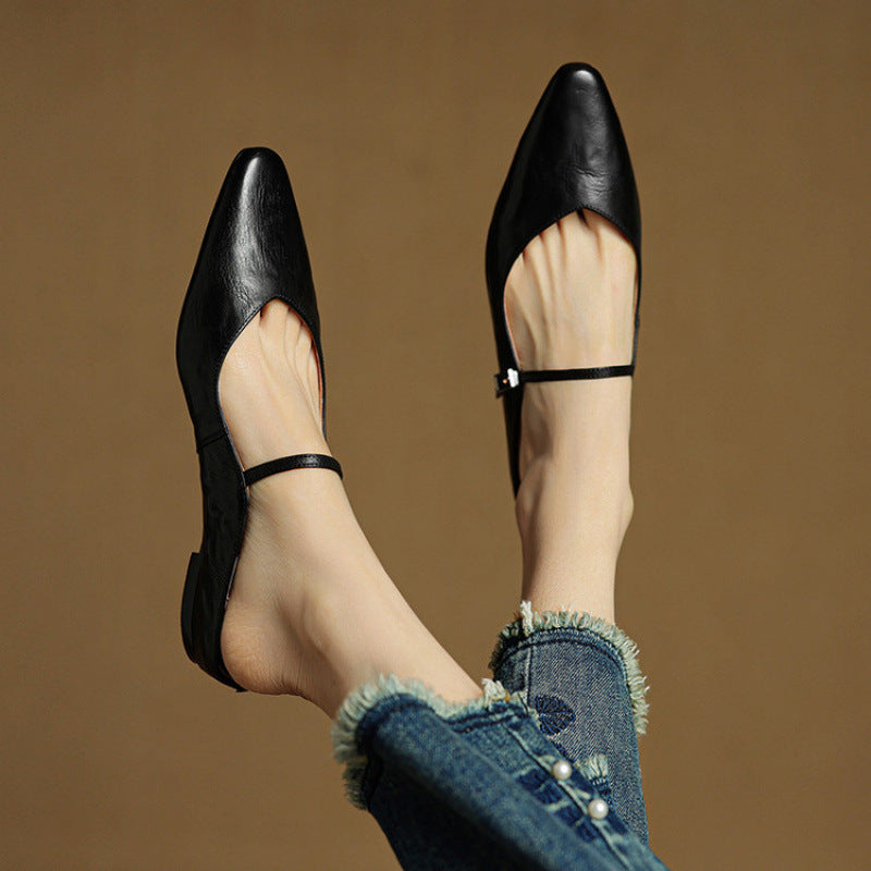 Vianne | Womens Genuine Leather Toe Post Flat Black Sandals - 8