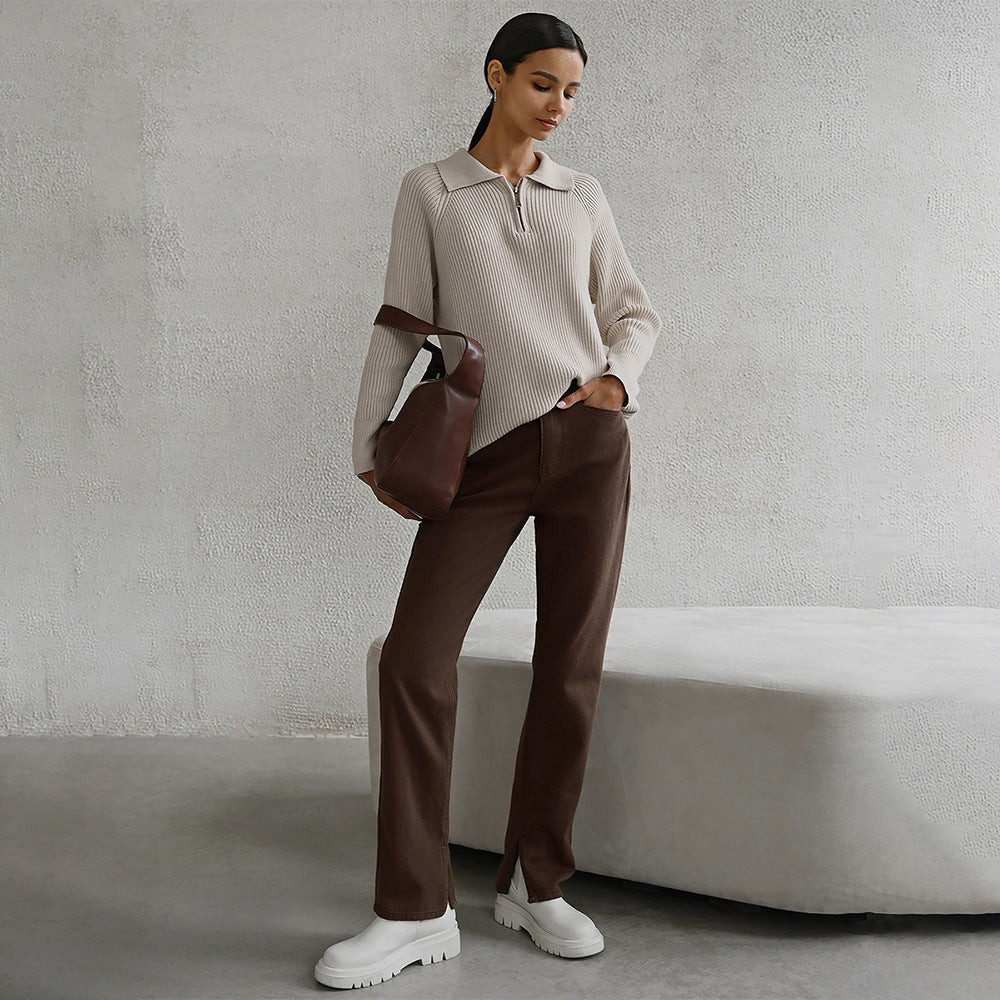 Vivienne | Womens Quarter Zip Knit Sweater, Apricot