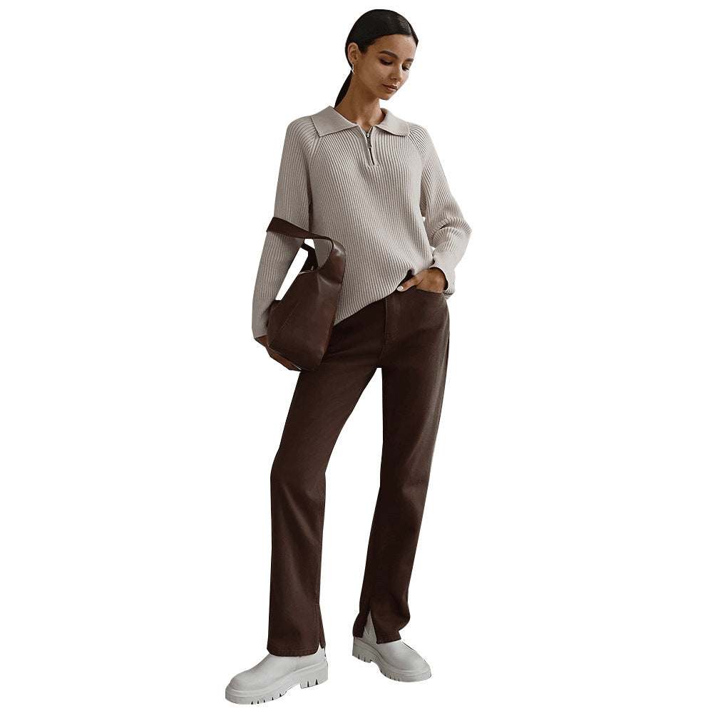 Vivienne | Womens Quarter Zip Knit Sweater, Apricot