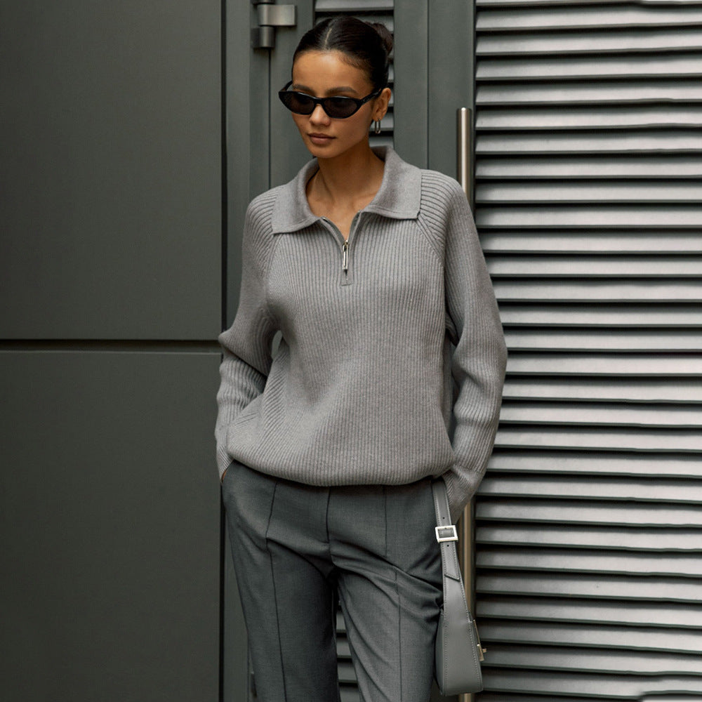 Vivienne | Womens Quarter Zip Knit Sweater, Grey